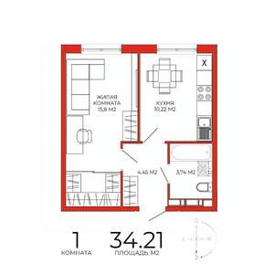 1-к квартира, строящийся дом, 34м2, 17/18 этаж