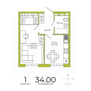 1-к квартира, строящийся дом, 34м2, 3/18 этаж