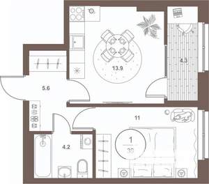 1-к квартира, вторичка, 39м2, 5/16 этаж