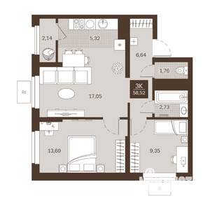 3-к квартира, вторичка, 59м2, 19/22 этаж