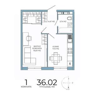 1-к квартира, строящийся дом, 36м2, 12/18 этаж