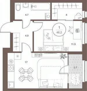 1-к квартира, вторичка, 46м2, 3/16 этаж