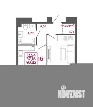 1-к квартира, вторичка, 40м2, 4/16 этаж