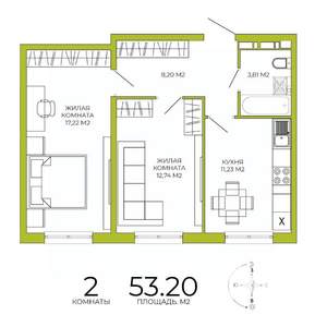 2-к квартира, строящийся дом, 53м2, 6/18 этаж