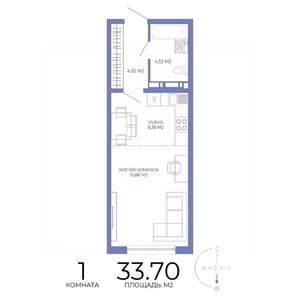 1-к квартира, строящийся дом, 34м2, 3/17 этаж