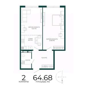 2-к квартира, строящийся дом, 65м2, 6/17 этаж