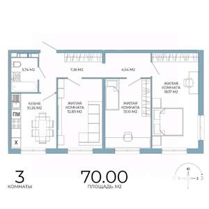 3-к квартира, строящийся дом, 70м2, 6/18 этаж