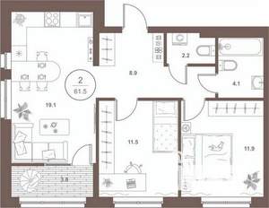 2-к квартира, вторичка, 61м2, 12/16 этаж