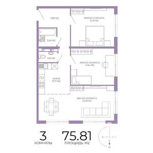 3-к квартира, строящийся дом, 76м2, 9/17 этаж