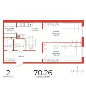 2-к квартира, строящийся дом, 70м2, 12/18 этаж