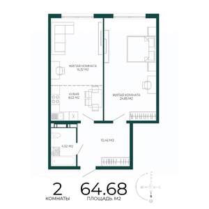 2-к квартира, строящийся дом, 65м2, 15/17 этаж