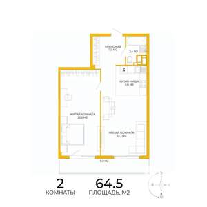 2-к квартира, строящийся дом, 65м2, 3/17 этаж