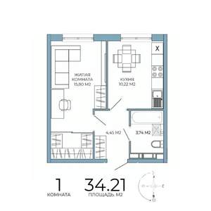 1-к квартира, строящийся дом, 34м2, 13/18 этаж