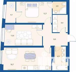 2-к квартира, вторичка, 67м2, 12/16 этаж