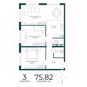 3-к квартира, строящийся дом, 76м2, 8/17 этаж