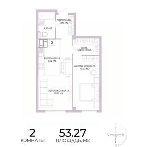 2-к квартира, строящийся дом, 53м2, 13/17 этаж