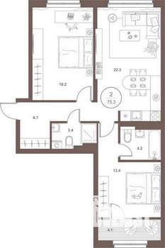 2-к квартира, вторичка, 74м2, 3/16 этаж