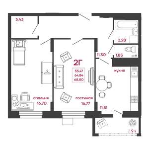 2-к квартира, вторичка, 69м2, 13/15 этаж