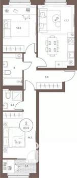 2-к квартира, вторичка, 64м2, 6/16 этаж