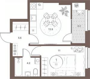 1-к квартира, вторичка, 39м2, 8/16 этаж