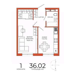 1-к квартира, строящийся дом, 36м2, 8/18 этаж