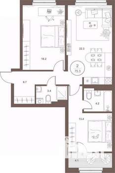 2-к квартира, вторичка, 74м2, 5/16 этаж