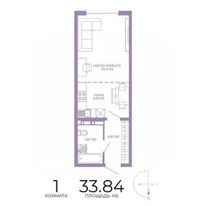 1-к квартира, строящийся дом, 34м2, 8/17 этаж
