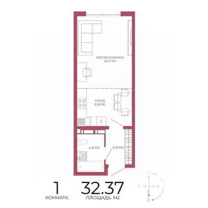 1-к квартира, строящийся дом, 32м2, 9/18 этаж