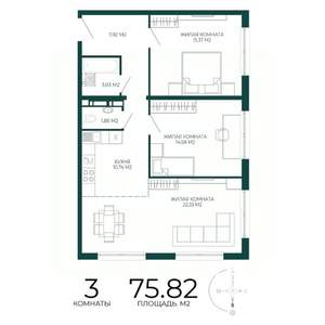 3-к квартира, строящийся дом, 76м2, 12/17 этаж