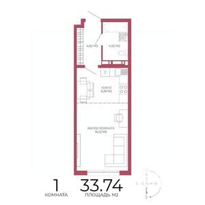 1-к квартира, строящийся дом, 34м2, 8/18 этаж