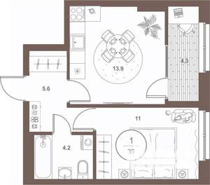 1-к квартира, вторичка, 39м2, 4/16 этаж