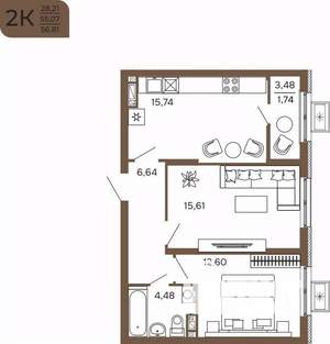 2-к квартира, вторичка, 57м2, 13/17 этаж