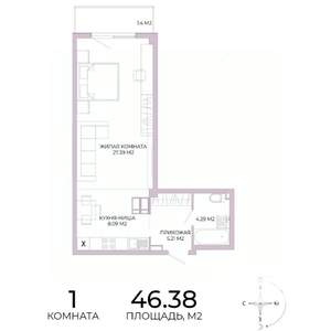 1-к квартира, строящийся дом, 46м2, 11/17 этаж