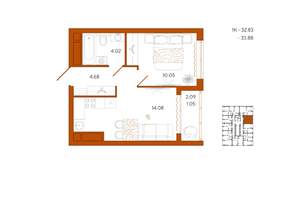 1-к квартира, вторичка, 34м2, 1/18 этаж