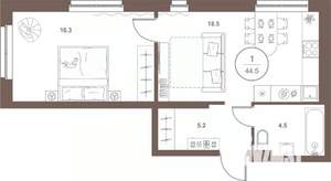 1-к квартира, вторичка, 44м2, 8/16 этаж