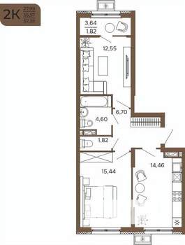 2-к квартира, вторичка, 57м2, 2/17 этаж