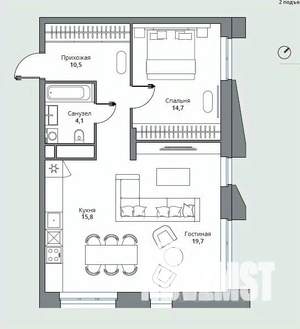 2-к квартира, вторичка, 64м2, 3/15 этаж