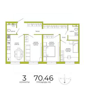 3-к квартира, строящийся дом, 70м2, 14/18 этаж