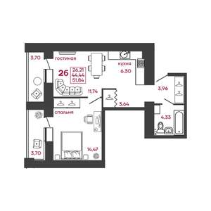 2-к квартира, вторичка, 52м2, 6/17 этаж