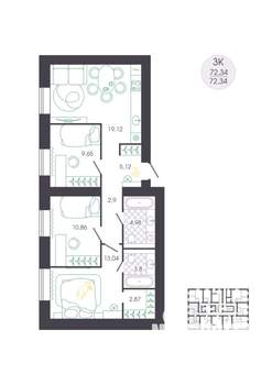 3-к квартира, вторичка, 72м2, 1/16 этаж