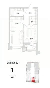 1-к квартира, вторичка, 52м2, 7/24 этаж