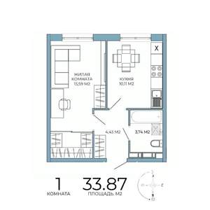 1-к квартира, строящийся дом, 34м2, 3/18 этаж