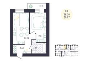1-к квартира, вторичка, 40м2, 2/16 этаж