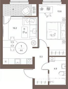 1-к квартира, вторичка, 44м2, 9/16 этаж
