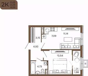 2-к квартира, вторичка, 47м2, 11/17 этаж
