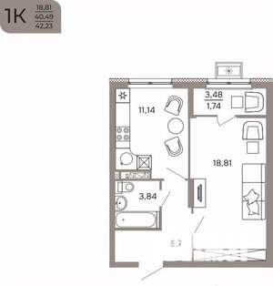 1-к квартира, вторичка, 42м2, 4/17 этаж