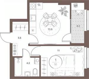 1-к квартира, вторичка, 39м2, 5/16 этаж