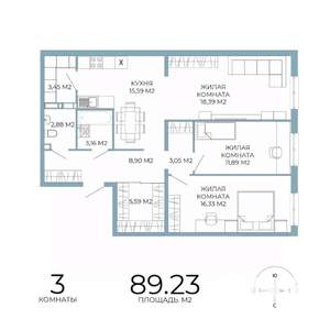 3-к квартира, строящийся дом, 89м2, 10/18 этаж