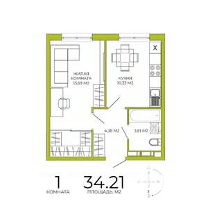 1-к квартира, строящийся дом, 34м2, 11/18 этаж