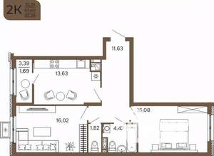 2-к квартира, вторичка, 65м2, 16/17 этаж